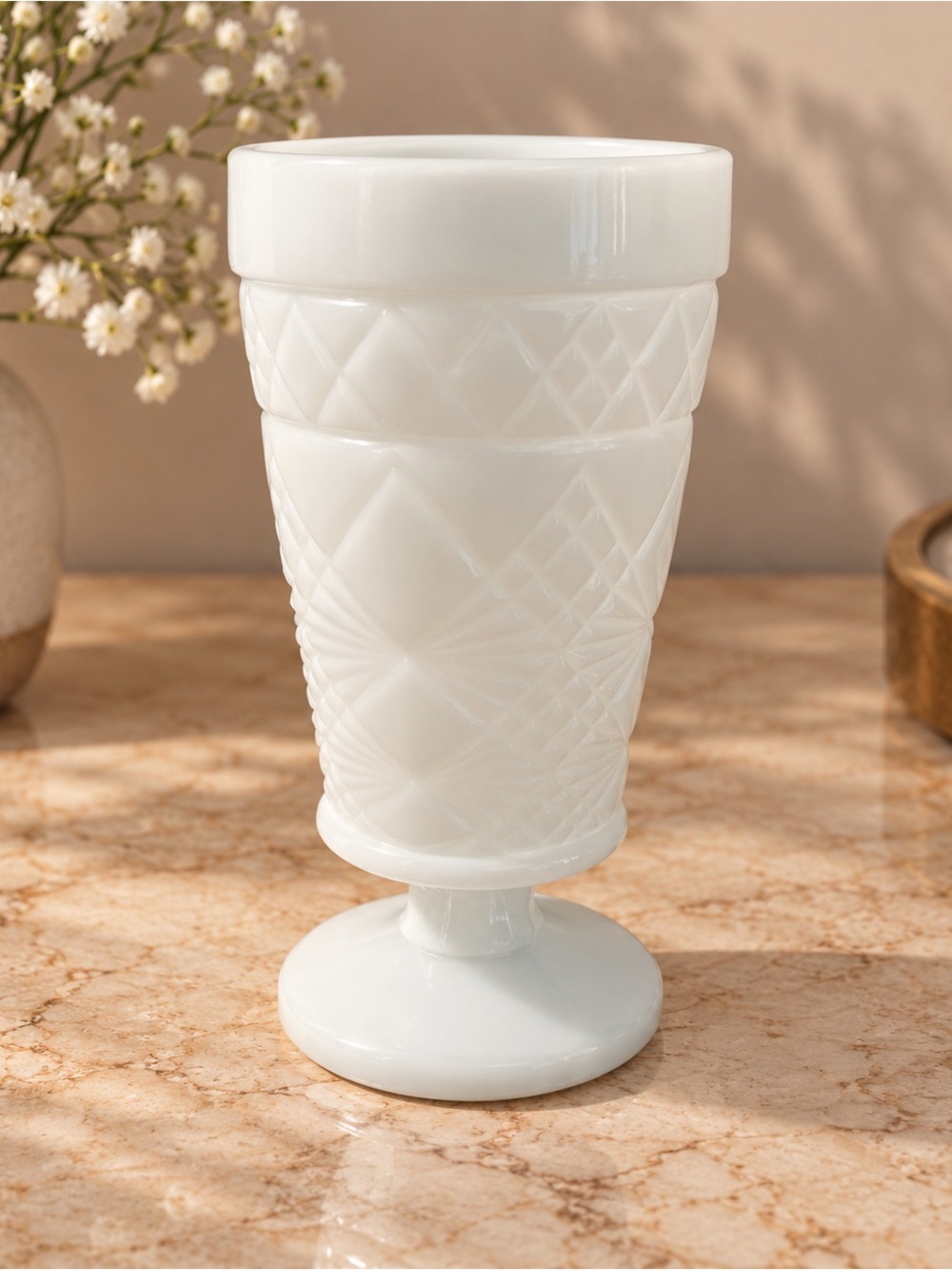 HAZEL ATLAS Milk Glass Gothic Footed Tumbler